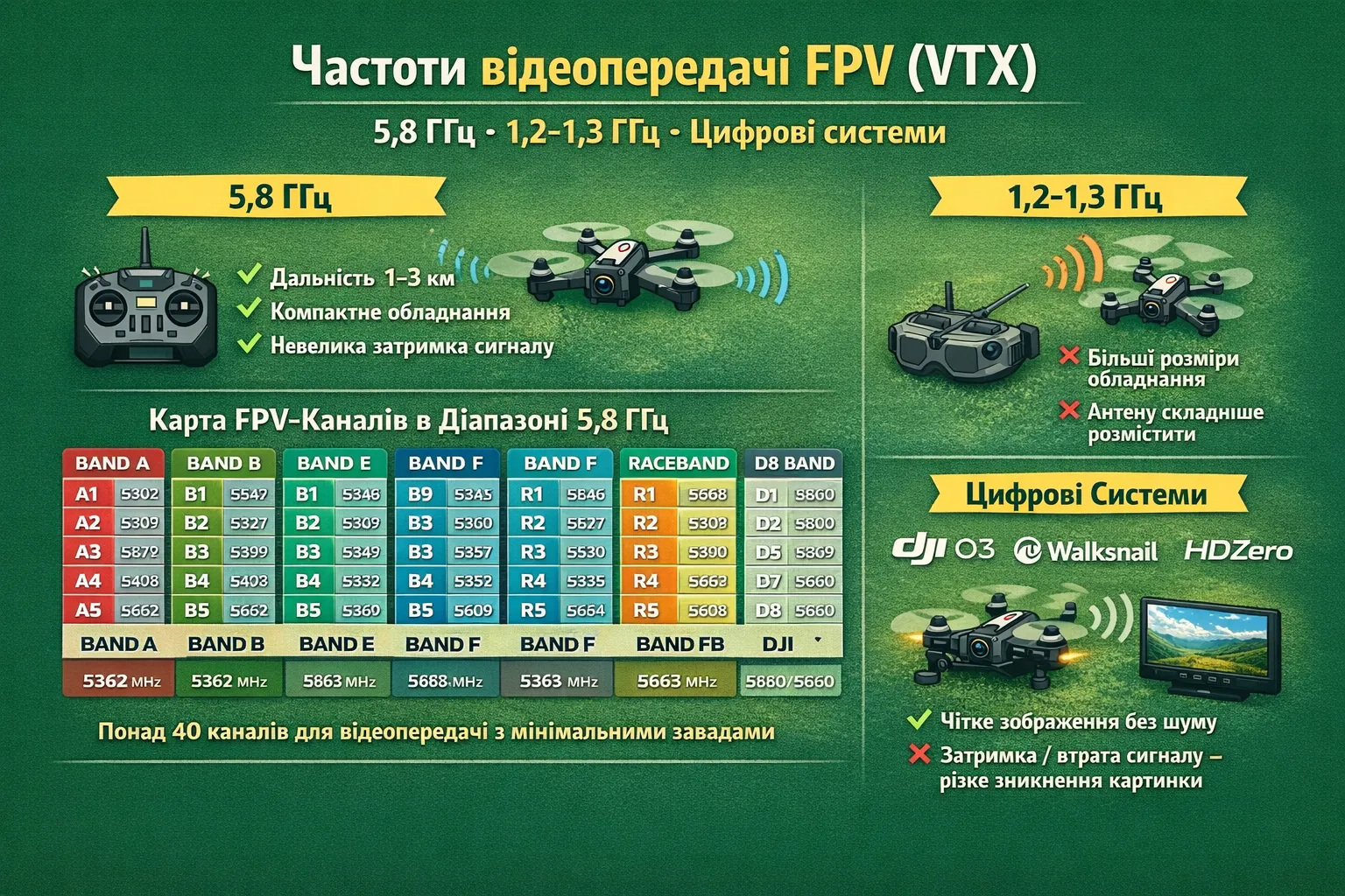 Частоти відеопередачі FPV (VTX) та канали передавача